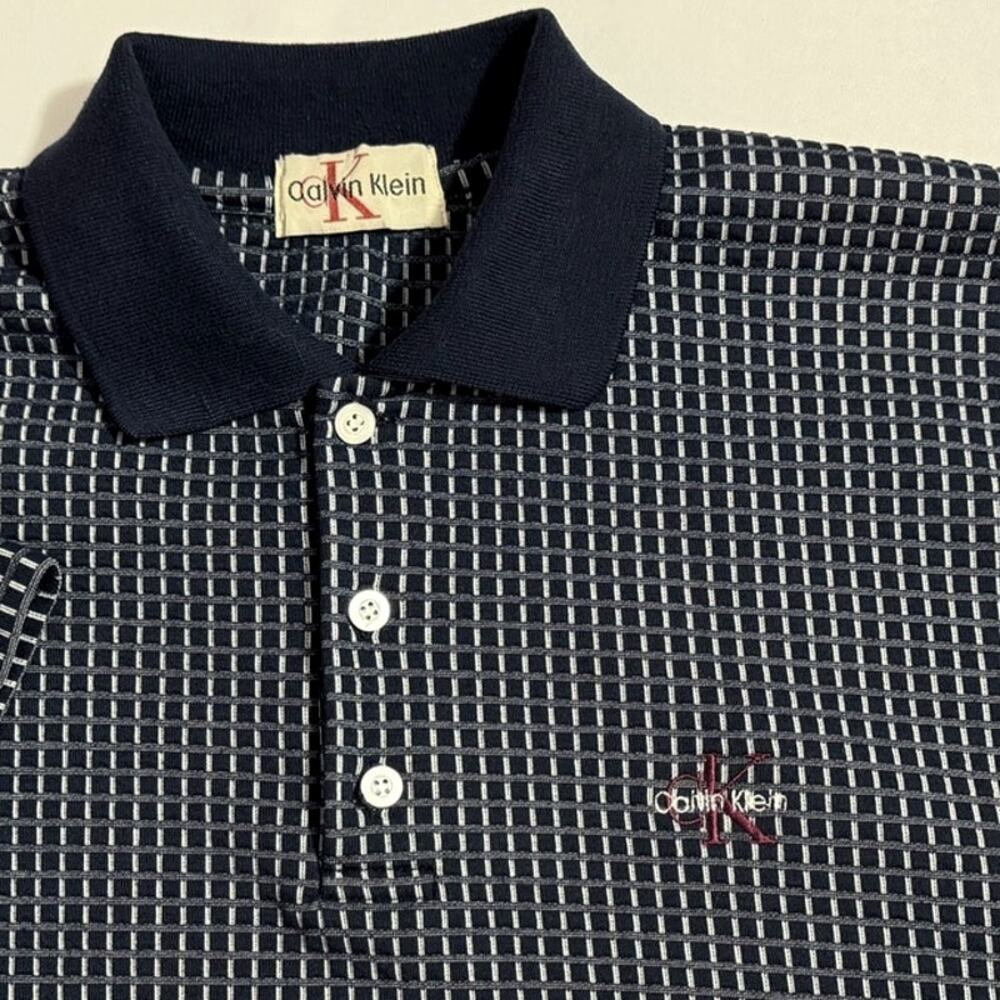 Vintage Calvin Klein Polo Shirt Blue White Check Mens Size large 22x30